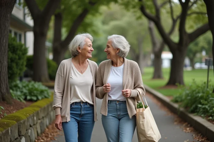 Aide à domicile accompagnant une senior lors d'une promenade écologique avec sac réutilisable dans un quartier verdoyant