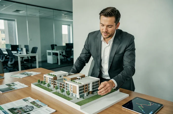 Agent immobilier présentant une maquette architecturale lors d'une réunion de conseil en investissement immobilier