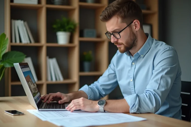 Jeune homme analysant des documents immobiliers et un plan de logement sur un bureau en bois dans un bureau à domicile moderne