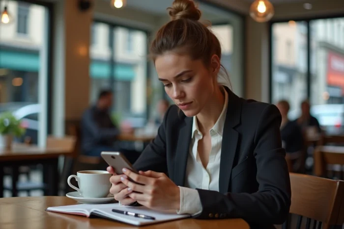 Jeune femme dans un café recevant un appel d'un numéro inconnu en 09 sur son smartphone