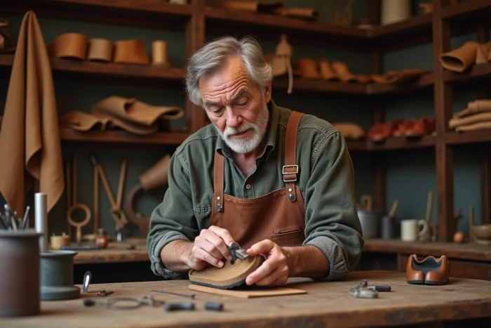 Artisan cordonnier allemand travaillant à la main la semelle en liège d'une sandale Birkenstock dans un atelier traditionnel