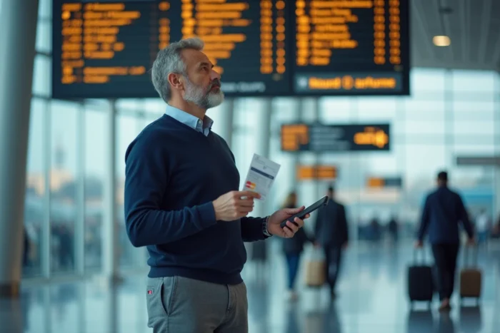 Homme tenant sa carte Mastercard et sa carte d'embarquement dans un aéroport, illustrant l'assurance annulation voyage incluse