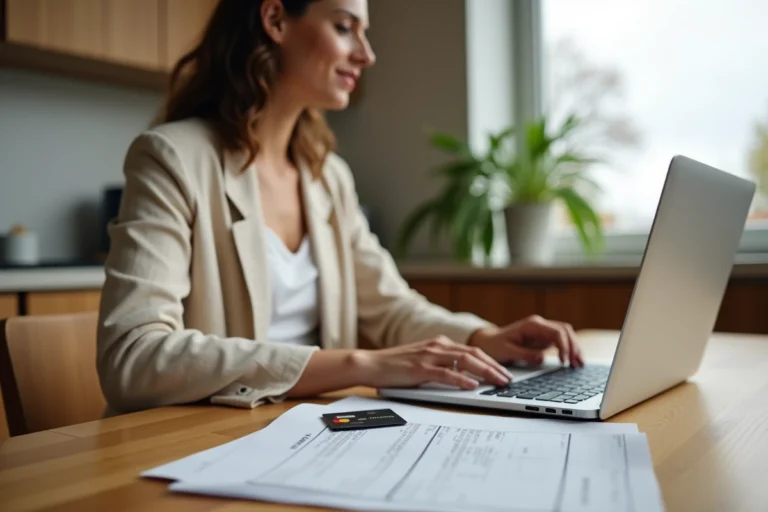 Femme consultant ses documents de voyage et sa carte Mastercard sur une table en bois pour activer son assurance annulation voyage