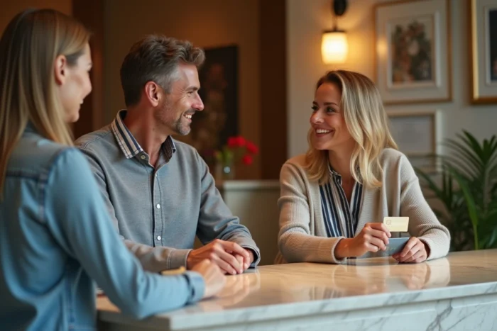 Couple utilisant leur carte Mastercard à la réception d'un hôtel pour bénéficier de l'assurance annulation et assistance voyage
