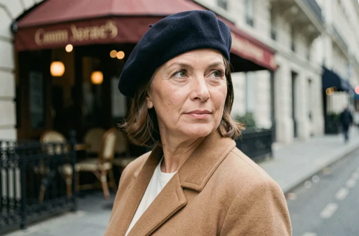 Femme élégante portant un béret en laine marine incliné sur le côté devant une terrasse de café parisien