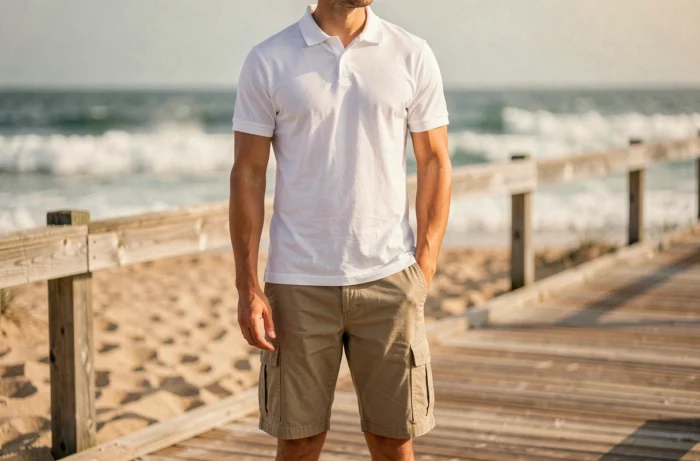 Homme portant un bermuda cargo kaki avec un polo blanc sur une promenade côtière en bois