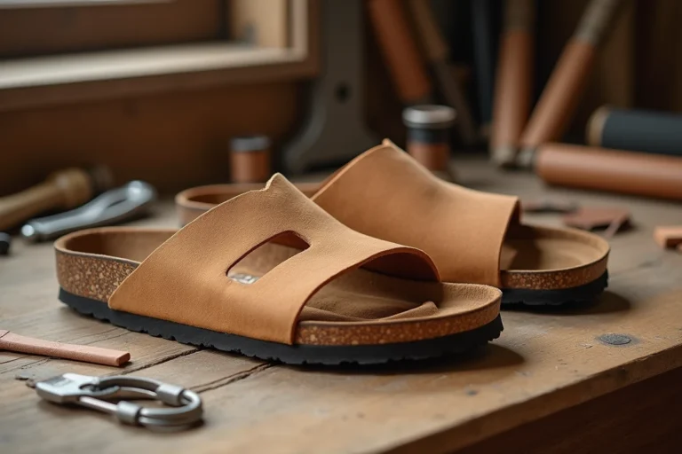 Paire de sandales Birkenstock Arizona en liège naturel et cuir tan posée sur un établi en chêne brut entouré d'outils d'artisan cordonnier