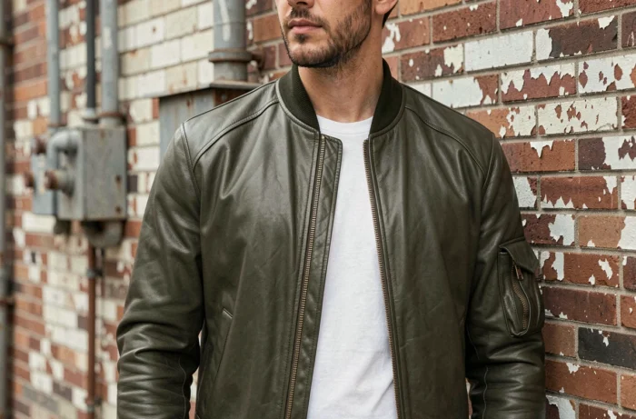 Homme en blouson bomber en cuir vert olive devant un mur de briques industriel