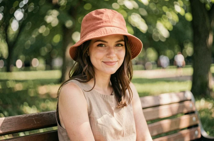 Jeune femme portant un bob en coton terracotta délavé assise sur un banc dans un parc