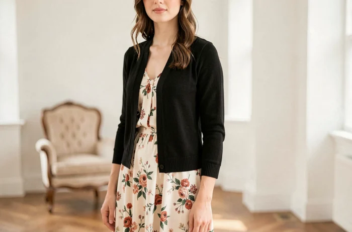 Jeune femme portant un boléro en maille noire sur une robe fleurie dans un intérieur lumineux avec parquet en bois