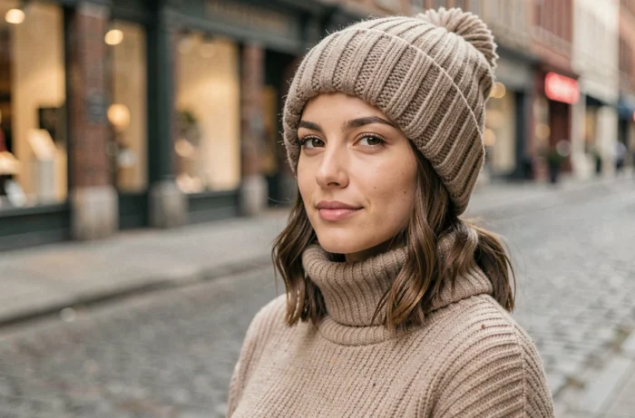 Jeune femme portant un bonnet en laine côtelée épais tiré sur les oreilles dans une rue pavée