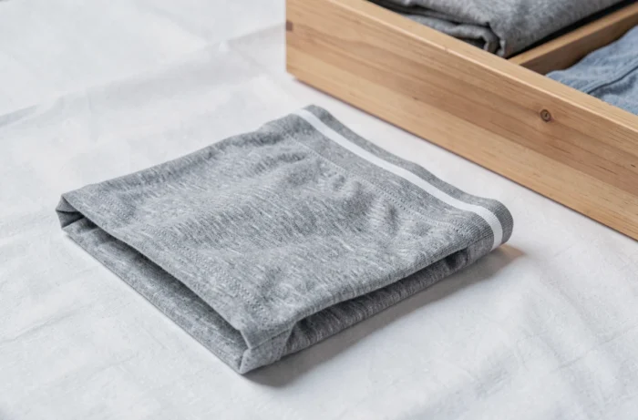 Boxer briefs en coton gris chiné soigneusement pliés sur une surface blanche avec un tiroir en bois ouvert