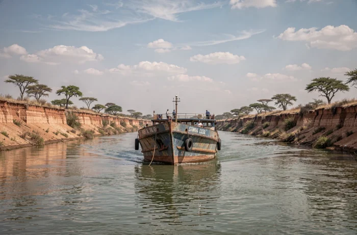 Cargo fluvial naviguant sur un large fleuve entre des falaises d'argile rouge et une savane clairsemée