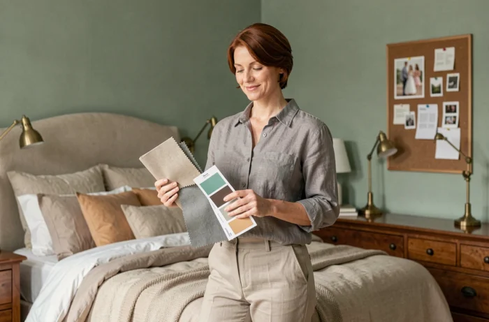Femme choisissant des échantillons de tissu et de couleur pour décorer une chambre au style transitionnel en vert sauge