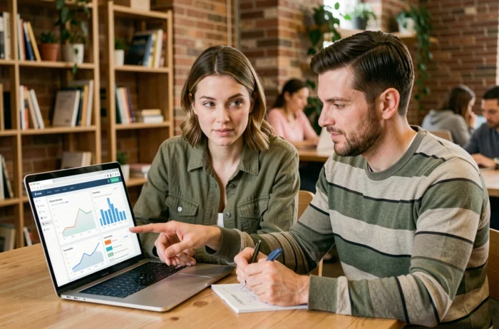 Deux collègues collaborant sur une interface d'analyse de données dans un espace de coworking convivial et moderne