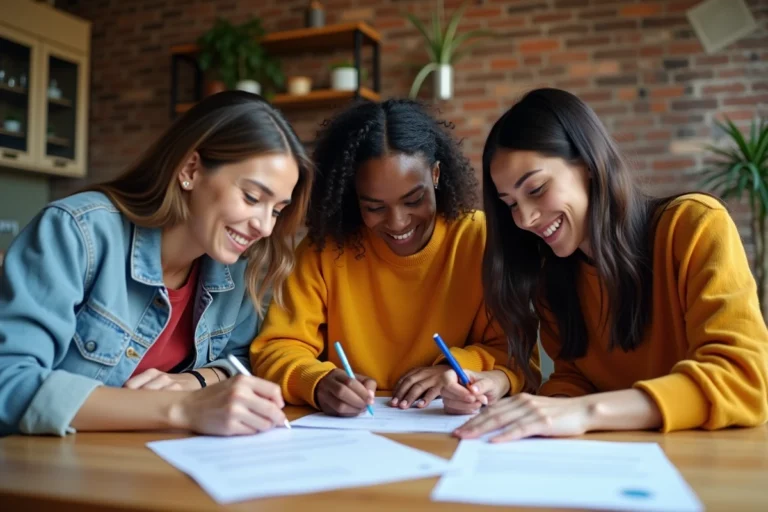 Colocataires adultes signant un contrat de bail coliving autour d'une table en bois dans un appartement moderne
