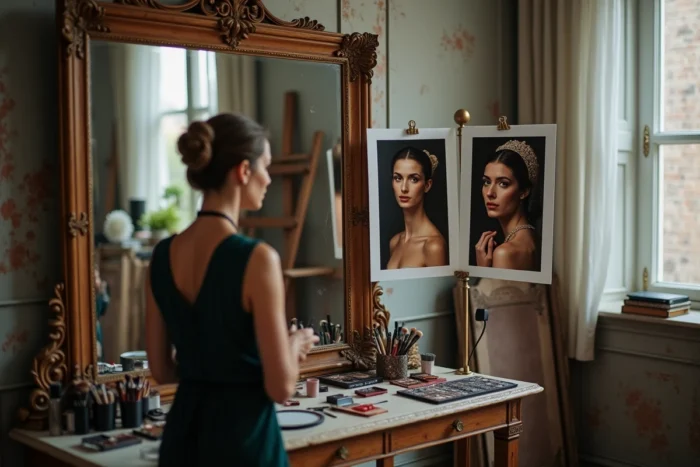 Artiste maquilleur comparant des références historiques et contemporaines des standards de beauté féminine dans un studio au décor mêlant ancien et moderne