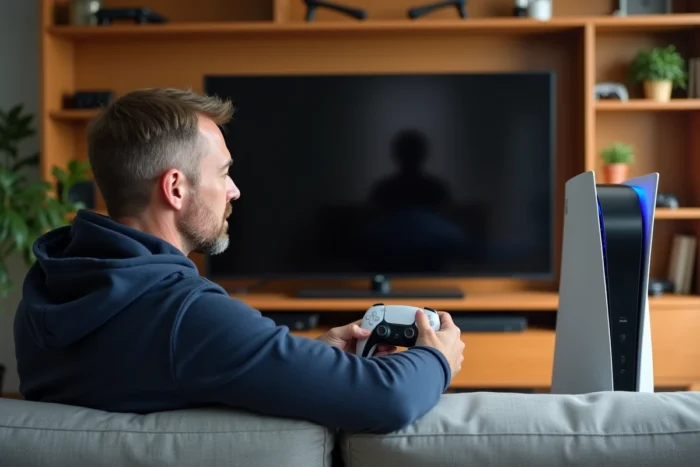 Homme comparant la PS5 Digital Edition et la PS5 Standard posées côte à côte sur un meuble TV dans un salon moderne