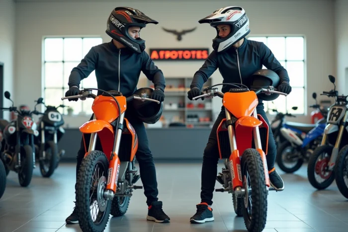 Deux jeunes pilotes comparant des modèles de moto 125 cross homologuées dans un concessionnaire moto