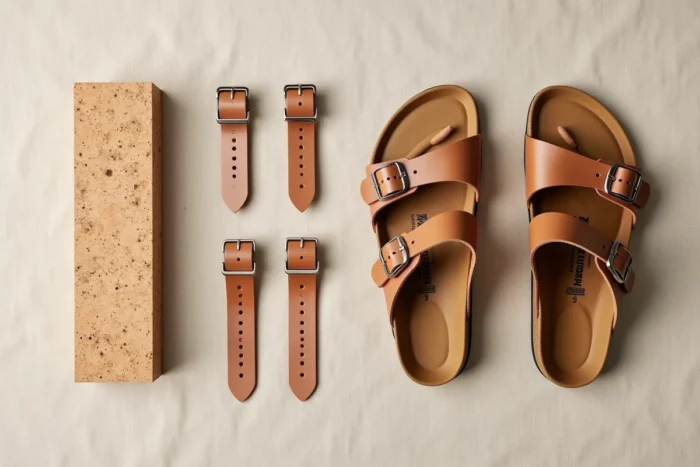 Vue à plat des composants naturels d'une sandale Birkenstock décomposée sur tissu lin : liège brut, cuir végétal, semelle et boucles métalliques