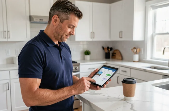 Homme consultant son planning d'interventions sur une tablette numérique dans une cuisine moderne