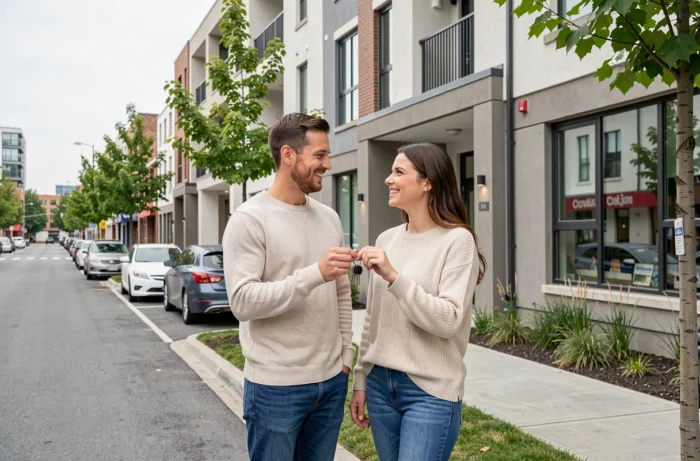 Couple de jeunes propriétaires devant leur nouvel immeuble résidentiel lors d'un investissement immobilier en 2024