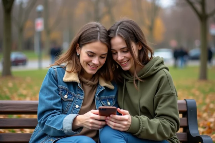 Deux amies analysant ensemble un message 'je pense à toi' sur un banc de parc en automne