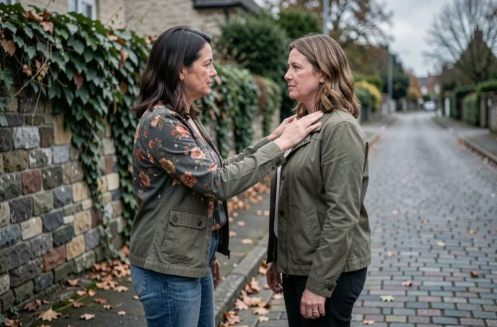 Deux sœurs adultes dans une rue de quartier, illustrant une relation familiale complexe et la nécessité de prendre ses distances