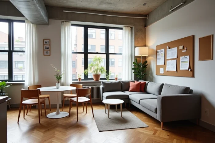 Espace commun d'un appartement coliving avec tableau de règles de vie et résumé de bail affiché au mur