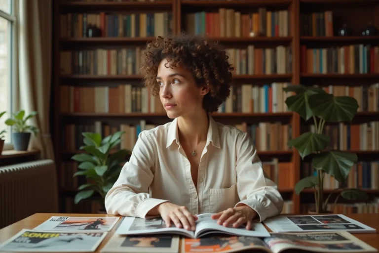 Femme parcourant des magazines de mode de différentes époques, illustrant l'évolution des critères de beauté féminine à travers le temps