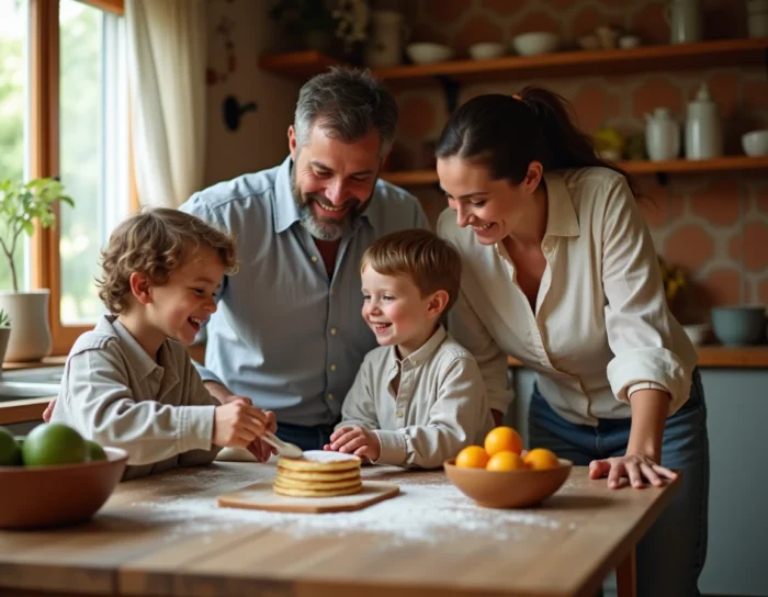 Famille réunie autour de la table de cuisine le matin pour préparer des crêpes ensemble, ambiance chaleureuse et naturelle