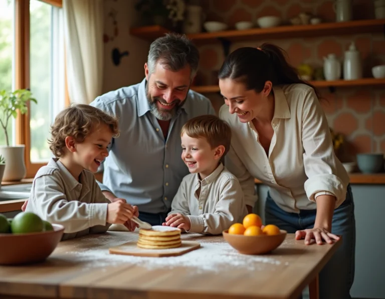 Famille réunie autour de la table de cuisine le matin pour préparer des crêpes ensemble, ambiance chaleureuse et naturelle
