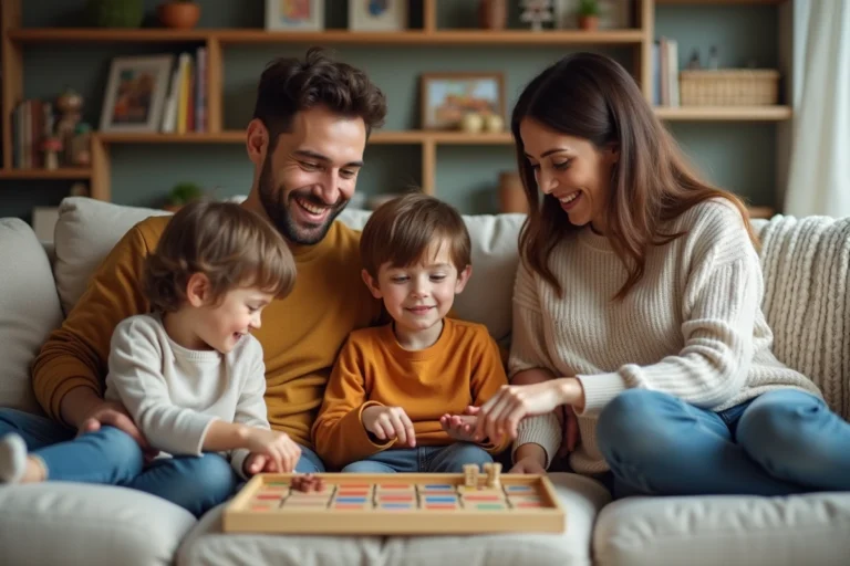 Famille de quatre jouant à un jeu de société dans le salon