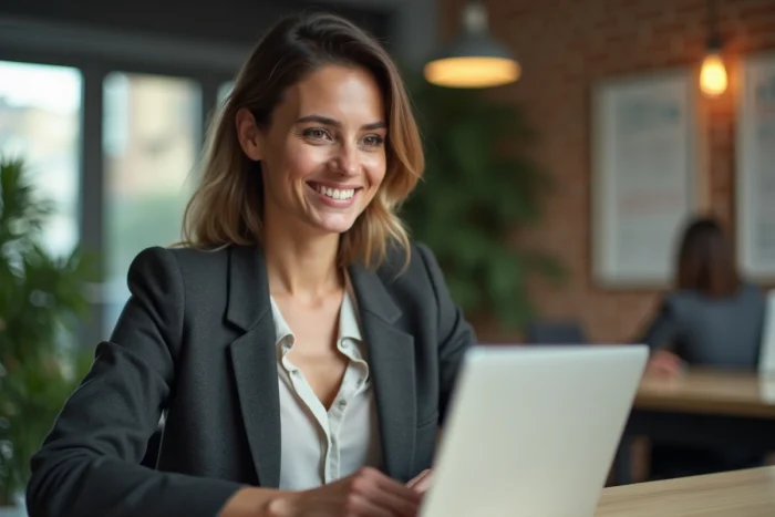 Femme en blazer au bureau coworking moderne