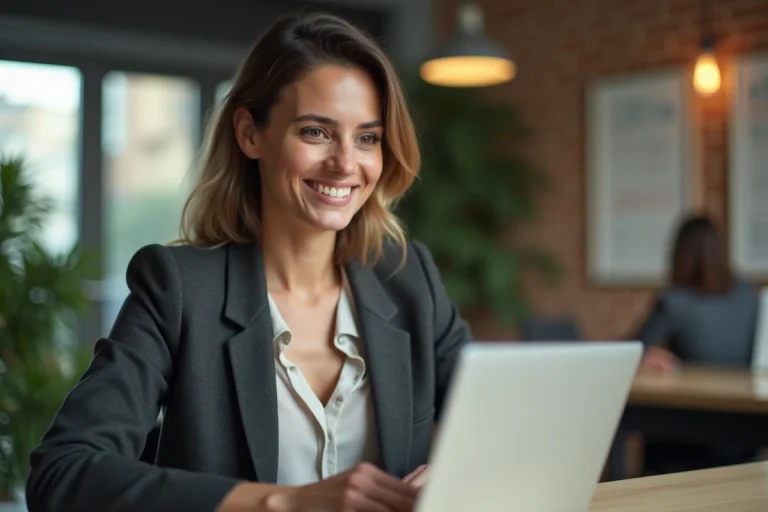 Femme en blazer au bureau coworking moderne