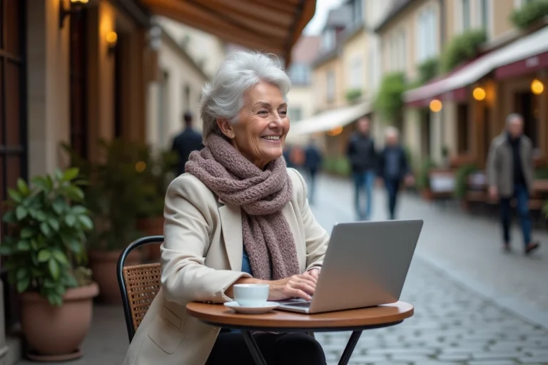 Femme lisant les actualités locales dans un café en ville
