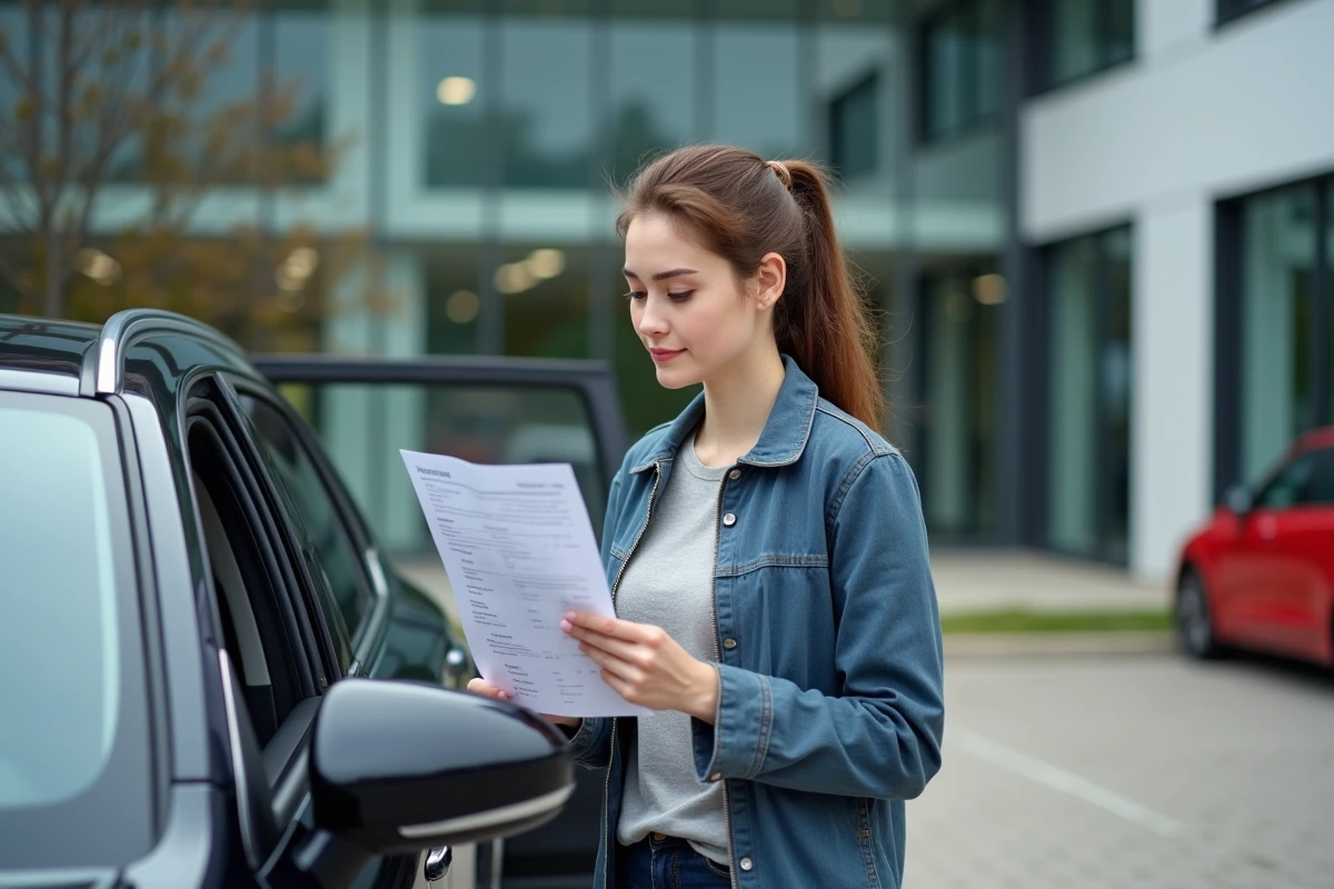 Jeune femme examinant une facture près de sa voiture au dépôt