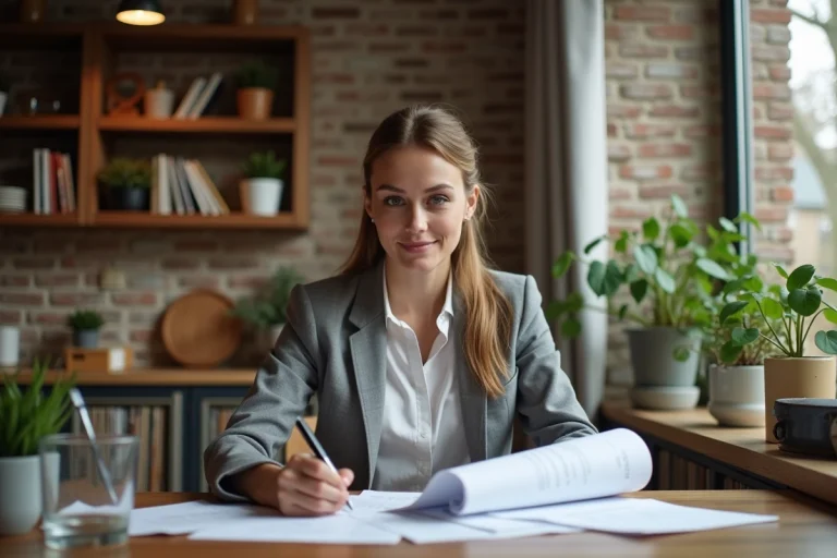 Femme confiante examinant des documents immobiliers dans un appartement cosy