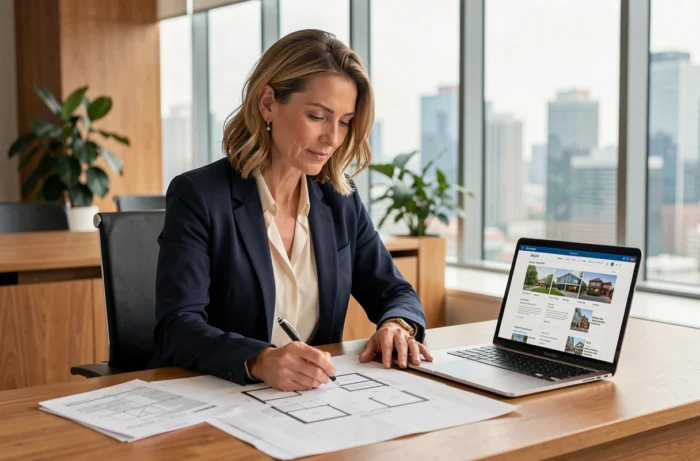 Femme professionnelle analysant des plans immobiliers dans un bureau moderne pour un investissement réussi en 2024