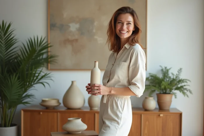 Femme élégante arrangeant des vases en céramique dans un salon lumineux