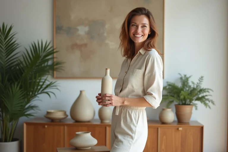 Femme élégante arrangeant des vases en céramique dans un salon lumineux
