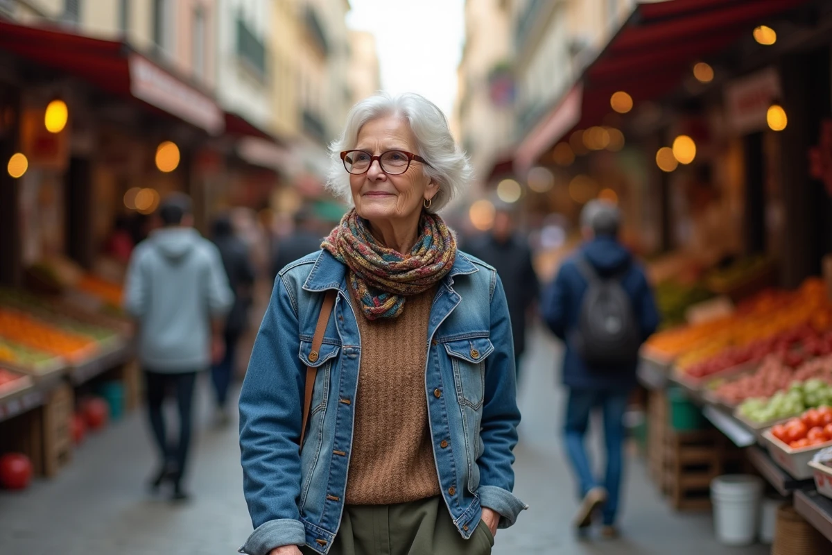 Femme d age marche dans un marché urbain animé