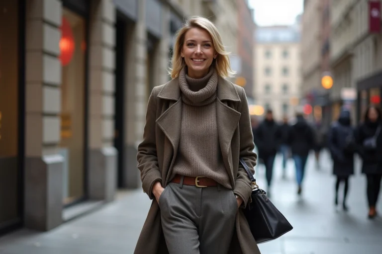 Femme élégante marchant en ville avec manteau en laine