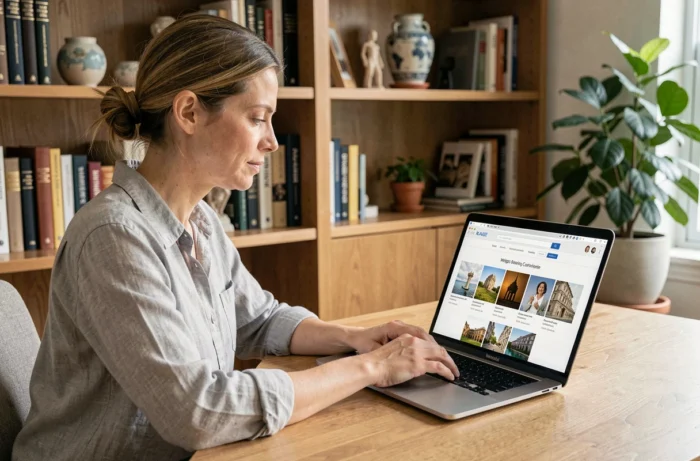 Femme naviguant sur la page d'index d'un site de patrimoine culturel depuis un bureau en bois à domicile