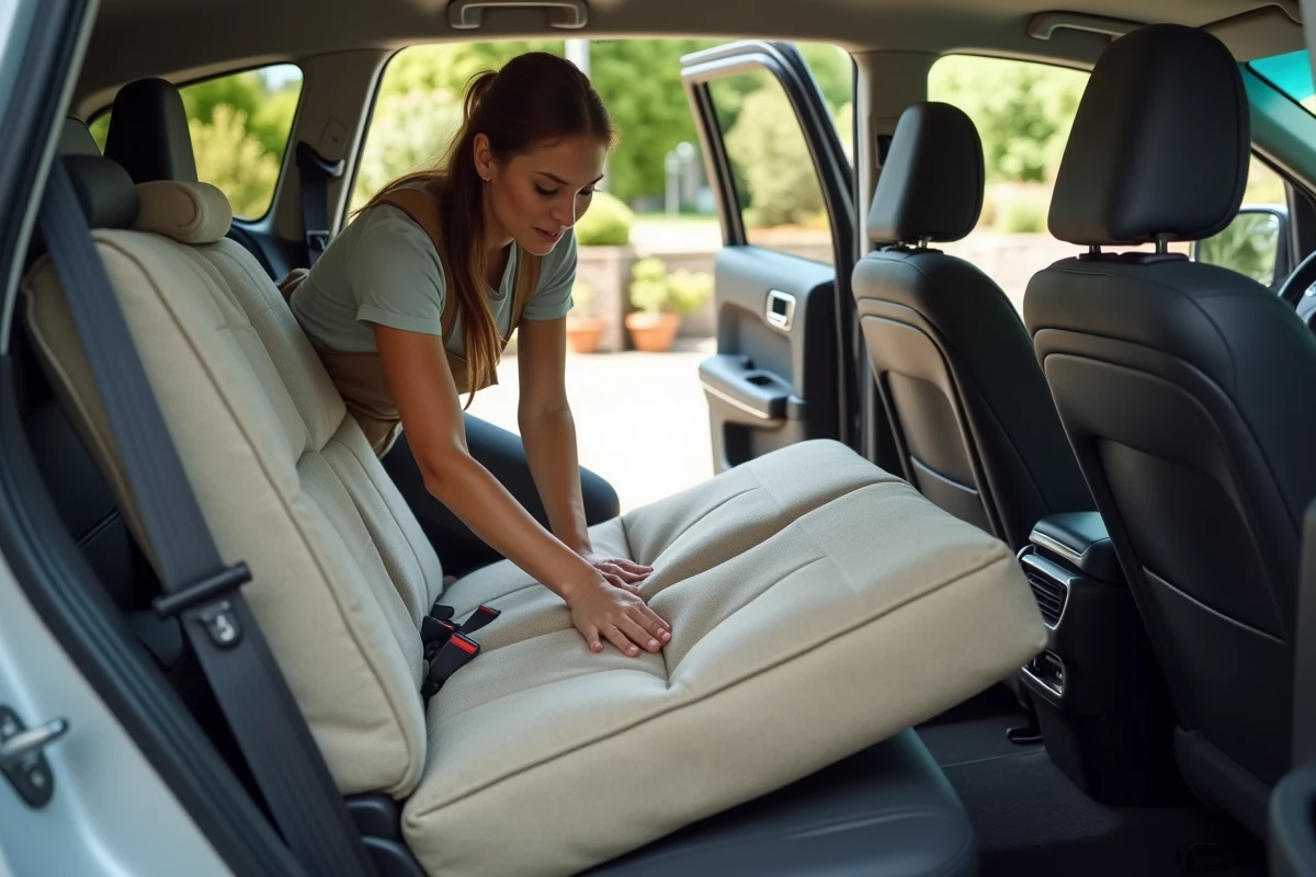 Femme plie les sièges pour charger un canapé dans un SUV