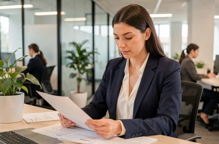 Femme professionnelle en blazer marine analysant des documents dans un bureau moderne pour booster sa carrière en 2024