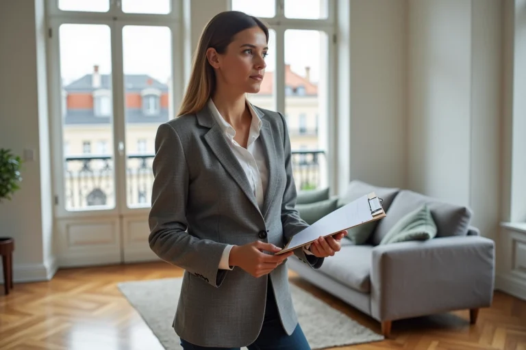 Femme professionnelle en blazer dans un appartement lyonnais