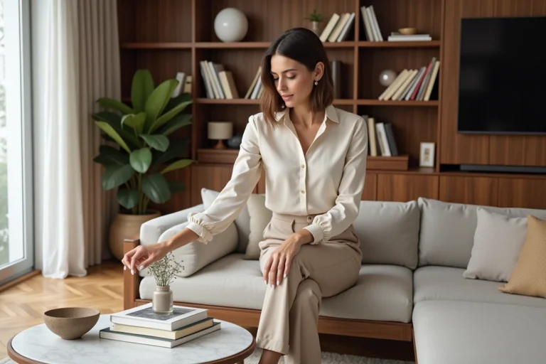 Femme élégante arrangeant des livres dans un salon lumineux