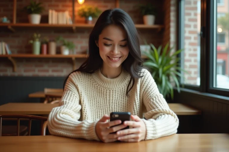 Jeune femme souriante lisant un message 'je pense à toi' sur son smartphone dans un café cosy