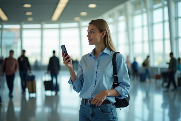 Jeune femme parlant dans un smartphone à l'aéroport